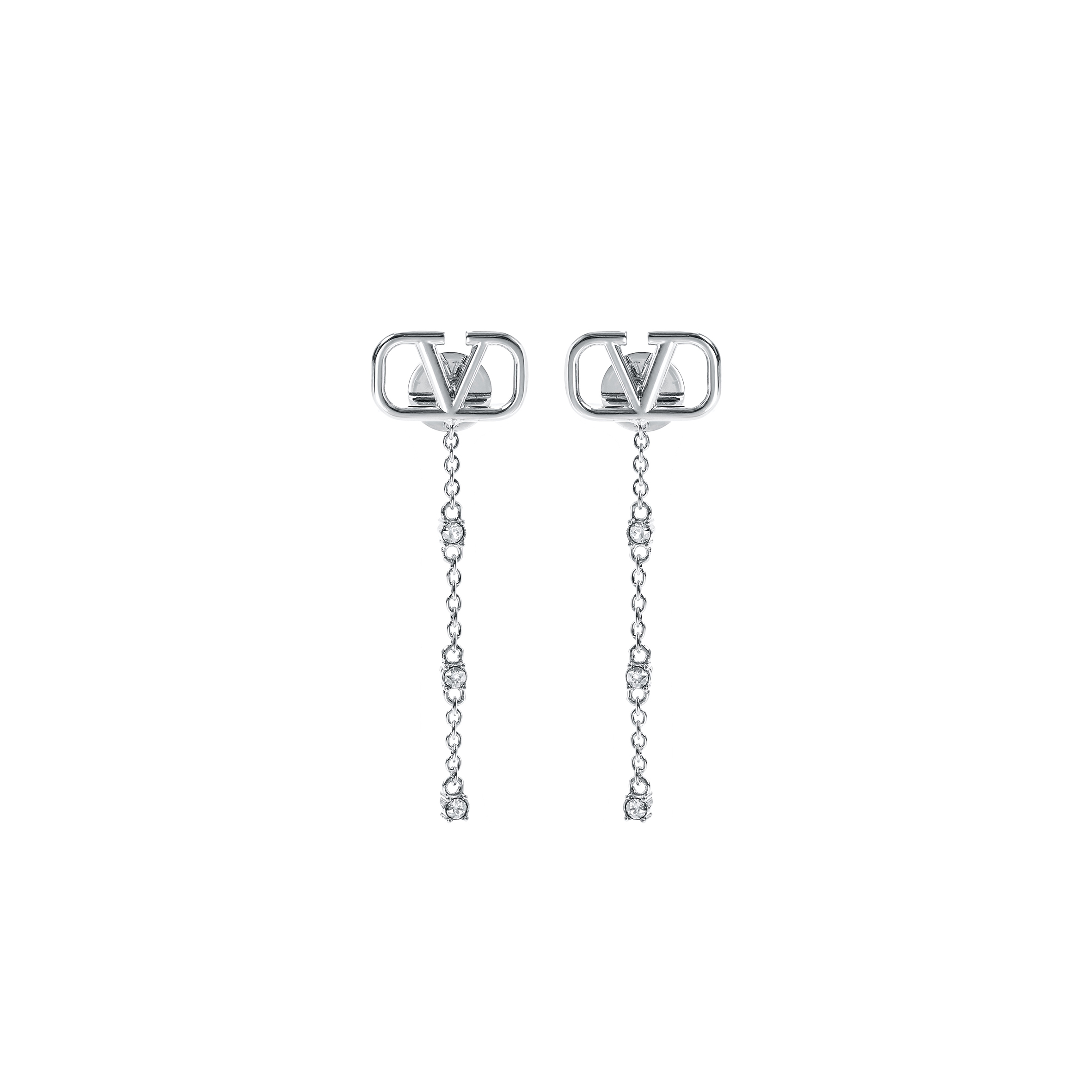 VALENTINO MINI VLOGO CRYSTAL DROP EARRINGS IN PALLADIUMCRYSTAL SILVER 